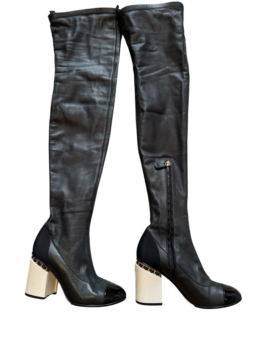Chanel black leather Over-The-Knee Women's Boot with chain Accent Heel cc logo - Picture 6 of 16